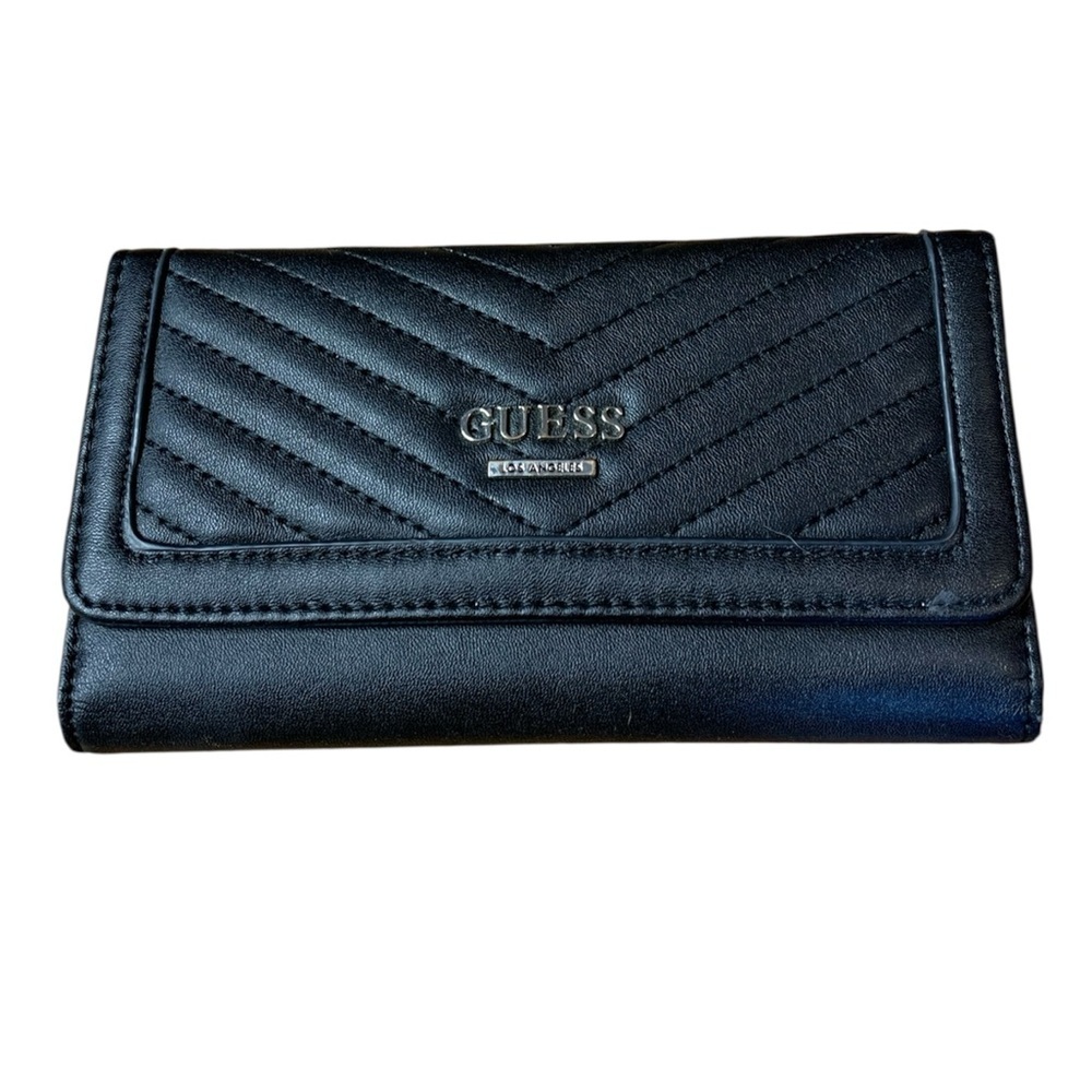 72. GUESS Black Quilted Chevron Tri-Fold Wallet | Silver Hardware